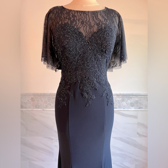 New XSCAPE Lace Embellished Corset Flatter Mermaid Navy Gown Sz 6/8 - Picture 2 of 13